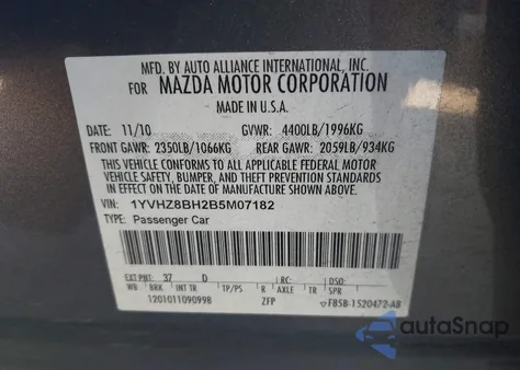 2011 Mazda Mazda6 I Sport from USA, damaged, VIN 1YVHZ8BH2B5M07182